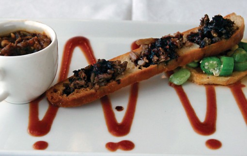Lamb rillettes, duck confit, and bourbon-braised beef on a croustade and a cup of stew. Photo by Christine Barbour