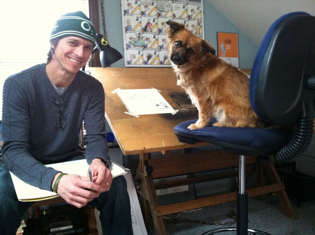 Dave Coverly in his studio with his dog, Macy. Courtesy photo