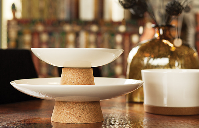 White ceramic bowls with removable cork bases. Photo by Shannon Zahnle