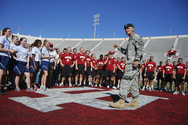 Lieutenant Colonel Mike Ogden addresses U.S. Air Force and Army ROTC cadets at Indiana Memorial Stadium circa 2010. Courtesy photo