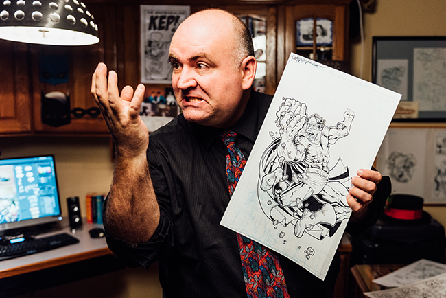 Local comic book writer Jim Keplinger emulates Ted Noodleman, one of his creations. Photo by Stephen Sproull