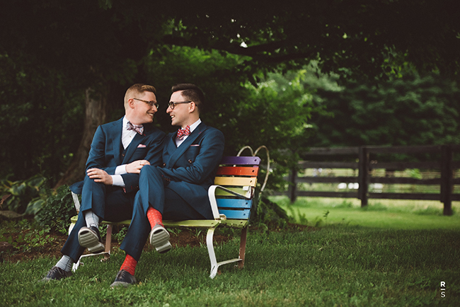 Dominick DiOrio (left) and John Porter wore 3-piece suits in British navy by Andrew Davis Bespoke on their wedding day at Sycamore Farm. Photo by Richardson Studio