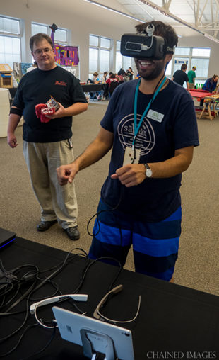 Soapy Soap co-owner Mohammed Mahdi checks out the virtual roller coaster in the Indiana University Showcase booth at last year’s event. Photo by Greg Chaney