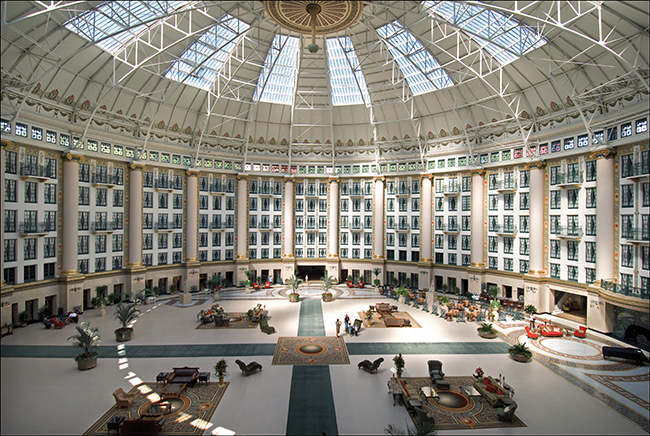 The atrium’s domed ceiling at the West Baden Springs Hotel—a massive structure 110 feet high and 200 feet in diameter—was the world’s largest free-span dome until the Houston Astrodome was built in the 1960s. Photo by Steve Raymer