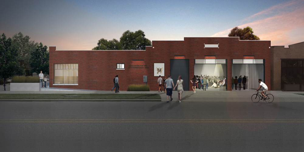 Artist’s rendering of the north exterior of the new arts center being developed by David and Martha Moore at the corner of Fourth and Rogers streets.