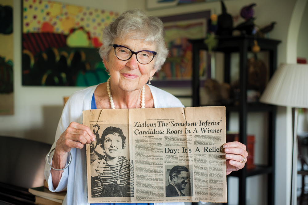 Charlotte Zietlow, 82, holds a Daily Herald-Telephone clipping from 1971. The headline refers to comments made by opponents during the campaign suggesting Zietlow’s Ph.D. in linguistics made her less qualified for office than incumbent Indiana University biochemist Harry Day. Photo by Rodney Margison