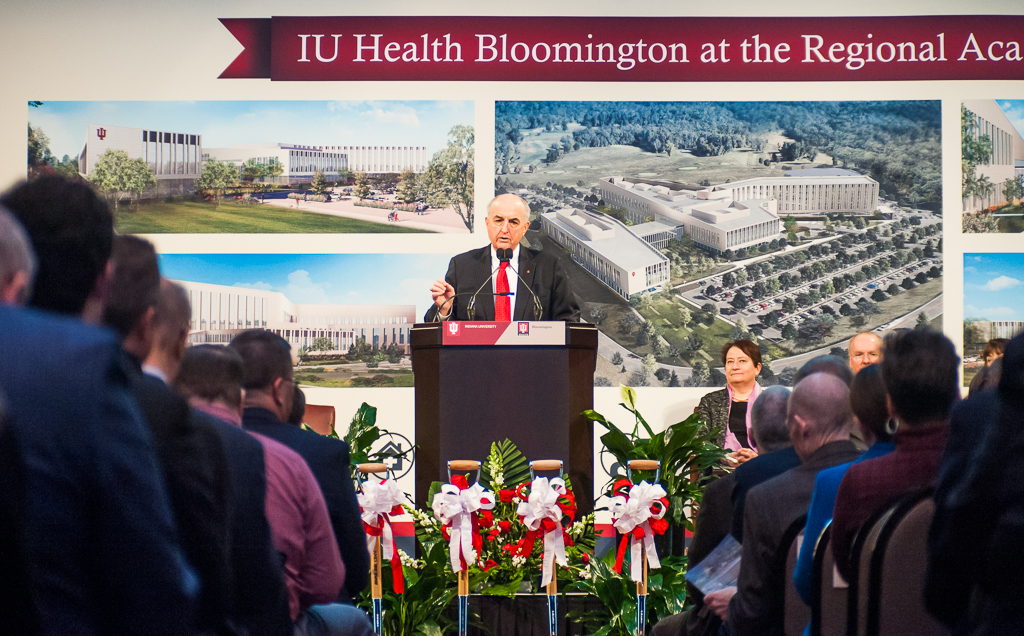 Indiana University President Michael A. McRobbie speaks at the groundbreaking ceremony for IU Health Regional Academic Health Center, slated to replace IU Health Bloomington Hospital upon its completion in 2020. The ceremony was held in the Henke Hall of Champions at IU. Photo by Rodney Margison