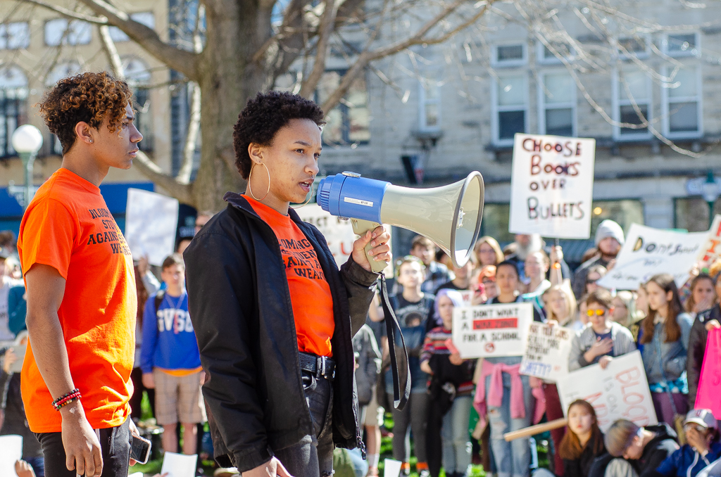 Organizers of Bloomington's National School Walkout speak at a rally held Friday morning, April 20, 2018, outside the Monroe County Courthouse. Photos by Rodney Margison