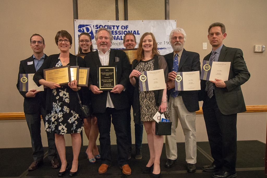 Bloom Magazine staff and contributors attending the 2017 Society of Professional Journalists awards banquet in Indianapolis Friday, April 27, include (l-r) Carmen Siering, Sophie Bird, Malcolm Abrams, Rodney Margison, Molly Brush, Peter Dorfman, and Greg Siering. Photo by Linda Margison