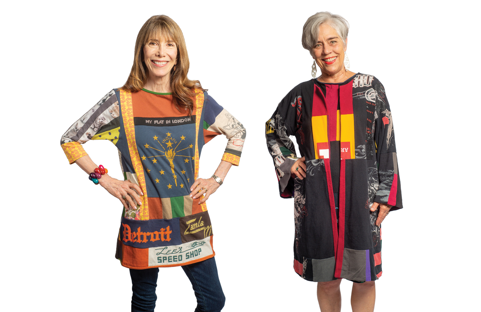 Jane Matranga (right) models a coat and dress ensemble she designed and constructed. The coat is reversible. Matranga created a fanciful patchwork tunic for Lee Sandweiss (left) out of T-shirts Sandweiss saved from places she has lived and messages with personal significance. Photos by Rodney Margison
