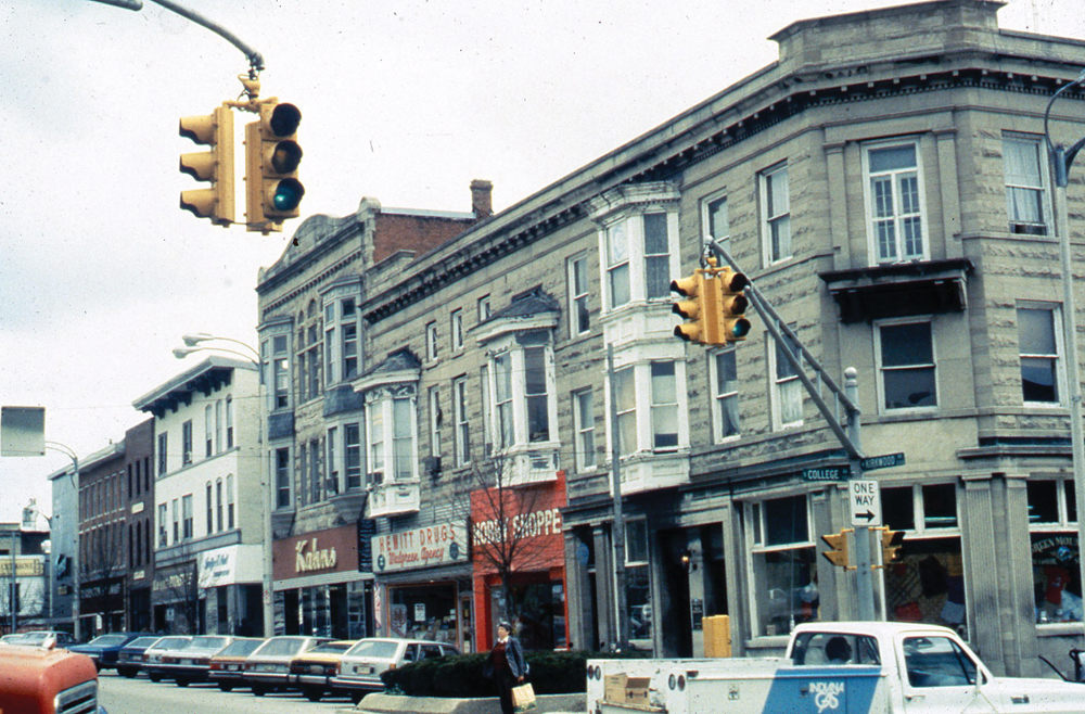 The block on West Kirkwood before the creation of Fountain Square Mall.