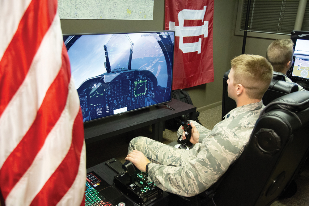 Cadet Kyle Fricker tests out the IU Air Force ROTC state-of-the-art flight simulator. Courtesy photo