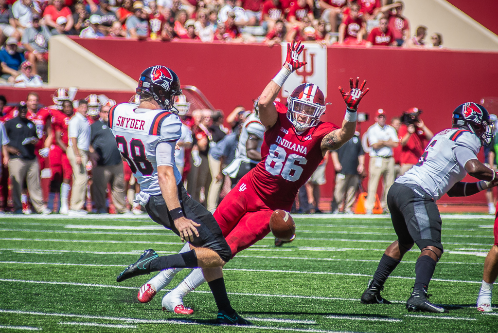 IU tight end Peyton Hendershot (86) blocks a Nathan Snyder (38) punt. Photo by Rodney Margison