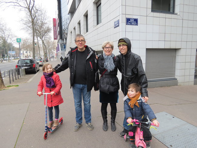 Ethan Sandweiss' French host family: (l-r) Chloe, 5; Jean Paul; Françoise; Leo, 3; and Ethan with the hood.