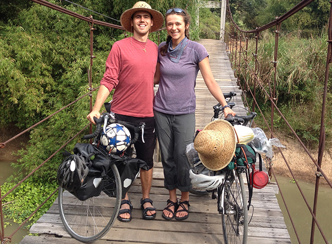 Mason Cassady and Rachel Irvine on the bridge connecting the Thai mainland to the inlet island Uthai Thani. Courtesy photo