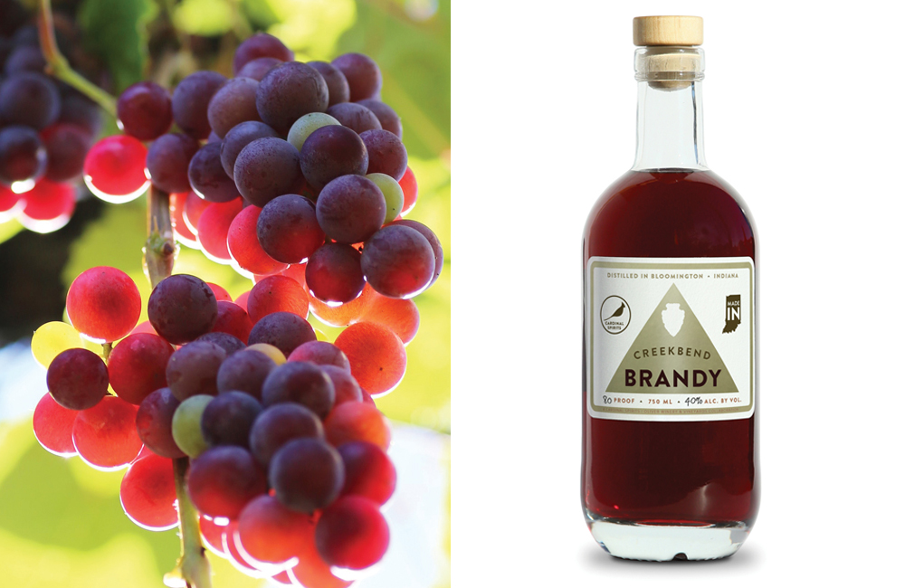 (left) Catawba grapes; (right) a bottle of Creekbend Brandy. Courtesy photos
